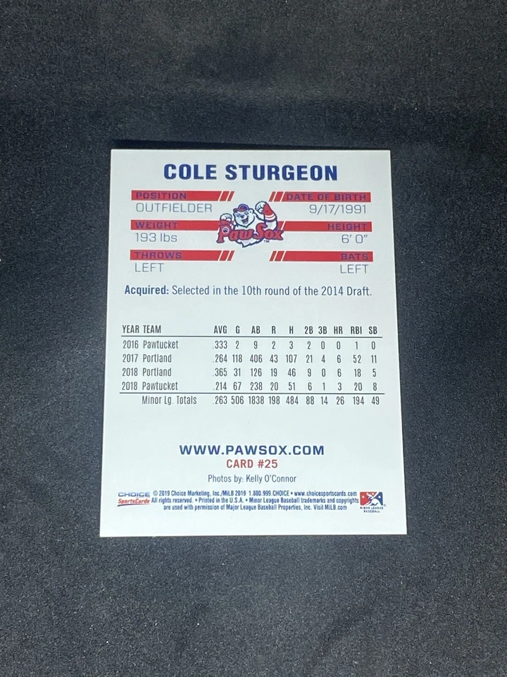 Cole Sturgeon 2019 Choice Pawtucket Red Sox #25 Auto Autographed Signed Card - Image 3 of 3