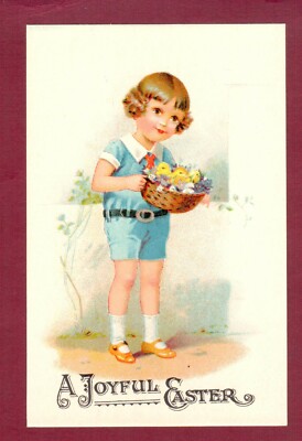 AK A Joyful Easter Mädchen mit Küken und Vergissmeinnicht