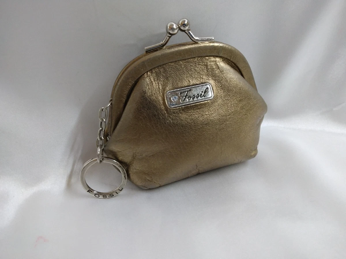 Fossil Vintage Kiss Lock Coin Purse Key Chain Metallic Bronze Genuine Leather