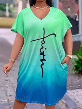 Shein Women V Neck Faith Short Sleeves Pocket Blue/Green Ombre Casual Dress XL