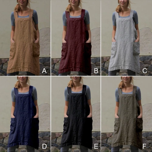 Damen Baumwolle Leinen Rückenschürze Kleid Damen Locker Hausmann Kochen Florist Neu - Bild 9 von 23