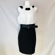 Iz Byer V- Neck Black White Dress belted Size 11 Holiday Cocktail Evening Dress