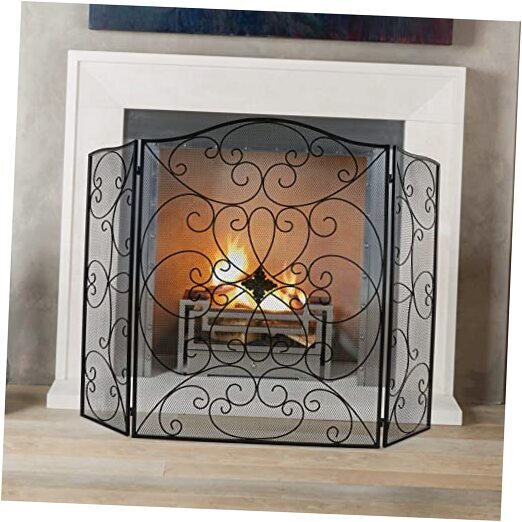 Black Fireplace Screen 50 x 36Inch Large 3 Panel Foldable Wrought Iron Free eBay