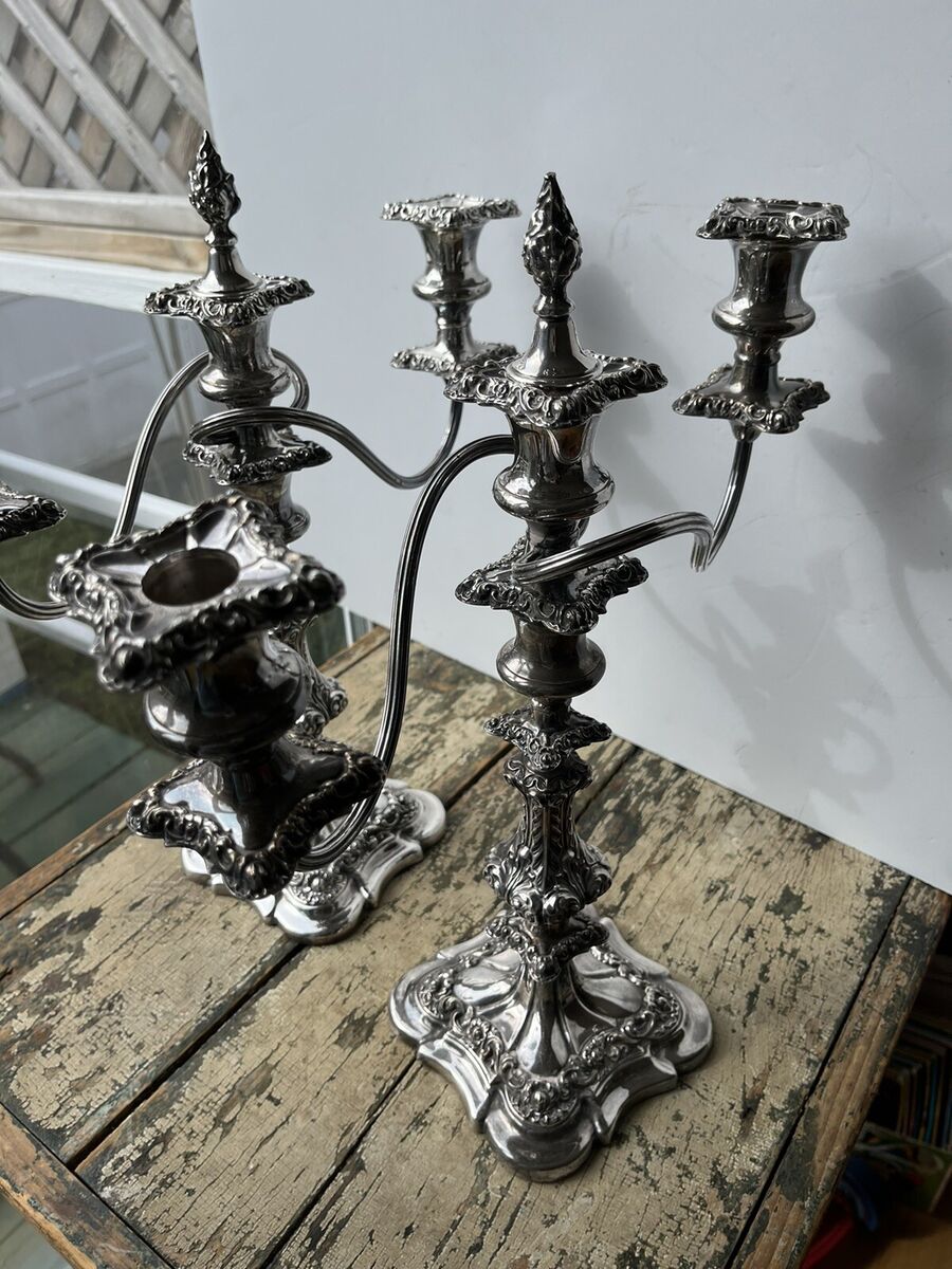 Vtg 2 Ornate Triple Silver Plated Twisted 3 Arm Candelabras Vtg 2 Ornate Triple Silver Plated Twisted 3 Arm Candelabras