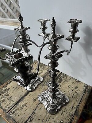 Vtg 2 Ornate Triple Silver Plated Twisted 3 Arm Candelabras Vtg 2 Ornate Triple Silver Plated Twisted 3 Arm Candelabras