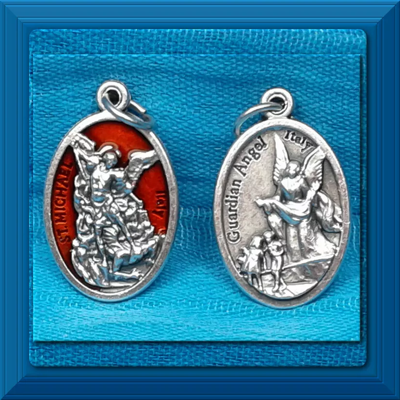 Catholic Medal DOUBLE SIDED Guardian Angel SAINT MICHAEL Red