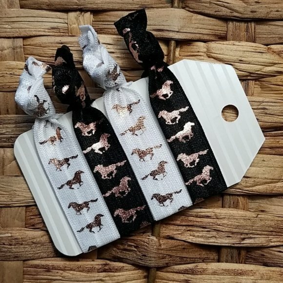 Set of 4 Horse Theme Hair Ties Black White Rose Gold Horse Hair Tie
