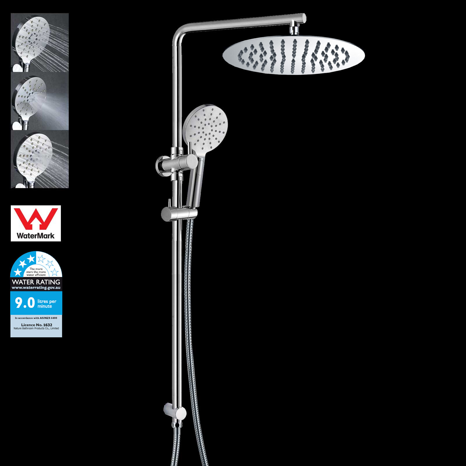 Chrome Round 8" Rain Shower Head 3Mode Handheld 2 In 1 Sliding Rail