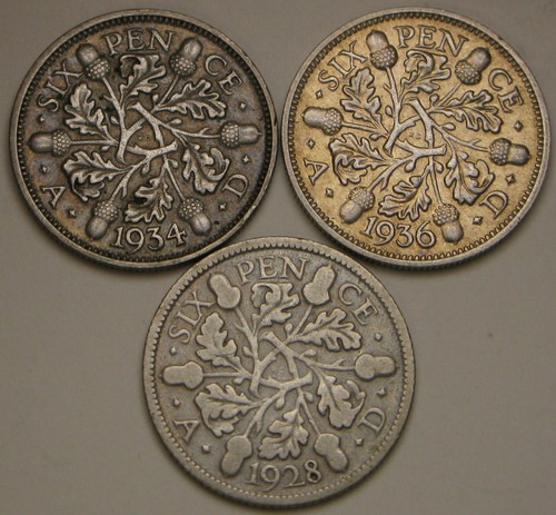 GREAT BRITAIN 6 Pence 1928, 1934 & 1936 - 3 Coins - Silver 0.5 - 1479 *
