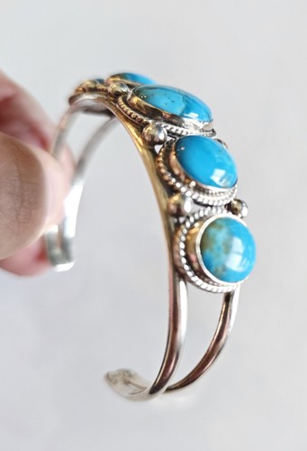 Classic 5 Stone Turquoise Sterling Silver Cuff Bracelet - Signed Running Bear - Picture 11 of 15