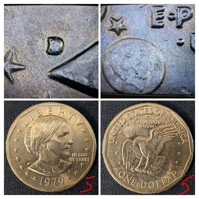 1979 D Susan B Anthony Dollar Error: Filled D Mint Mark, E Pluribus Dot.