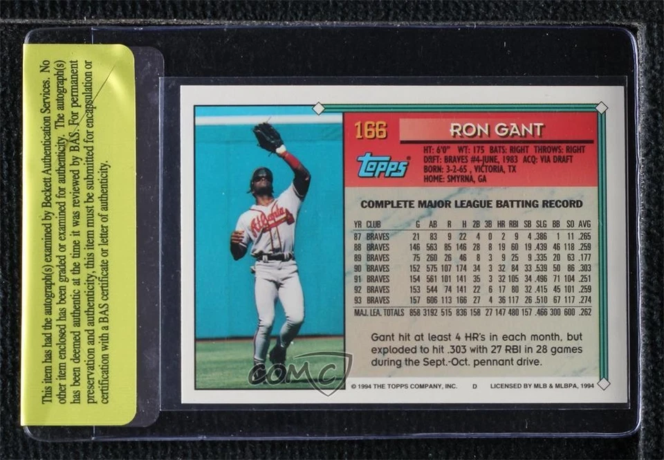 BAS 1994 Topps Ron Gant #166 Authentic Auto - Image 2 of 2