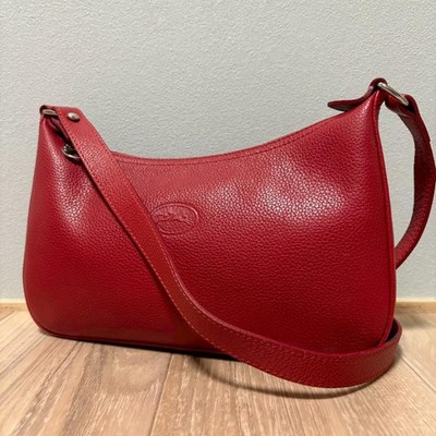 Longchamp Vintage Pebbled Leather Shoulder Bag Crossbody Red Used Authentic