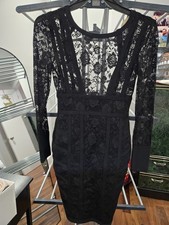 Frisson Couture Black Lace Long Sleeve Bodycon Knee Length Scoop Neck Dress