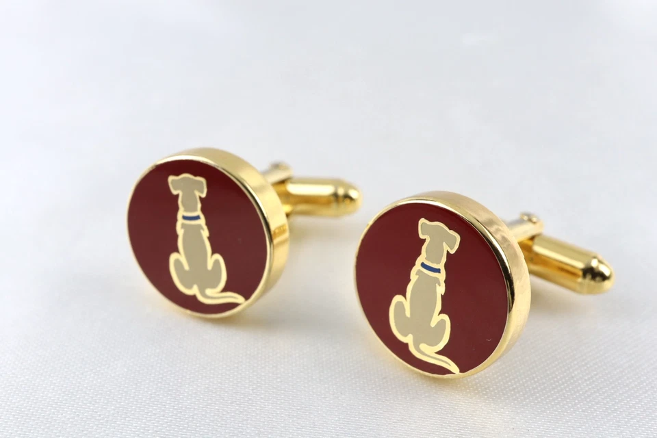 Vintage Ferragamo Cufflinks Dog Motif Red Enamel Gold Tone Metal Made in Italy - Image 2 of 4