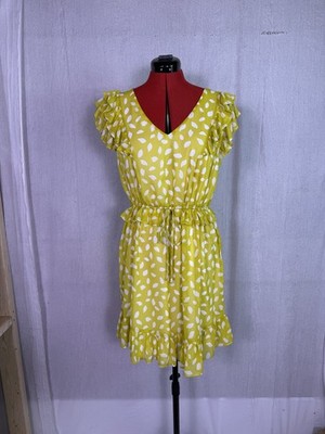 Emma & Michele Women's Yellow Floral Leaf Print Dress Size Large V Neck F179