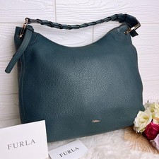 FURLA Leather Shoulder Bag Blue Gold Hardware Excellent Condition Japan