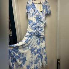 SHEIN Blue Floral Ruched Waist Flutter Sleeve Dress XL 