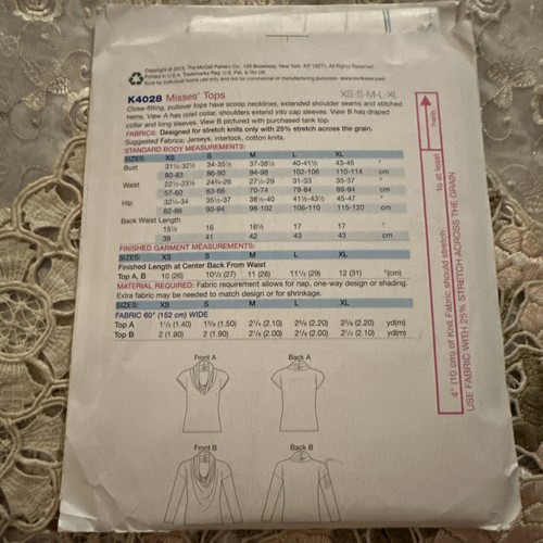Prendas para el torso Kwik Sew 4028 patrón de costura Misses XS-XL nuevas sin cortar - Imagen 3 de 3
