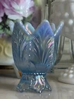 Vtg Fenton Glass Iridescent Blue Carnival Glass Leaf Candle Holder Opalescent