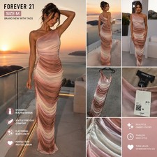 Forever 21 Ombre Ruched One Shoulder Maxi Dress Pink Tan Bodycon Mesh Medium