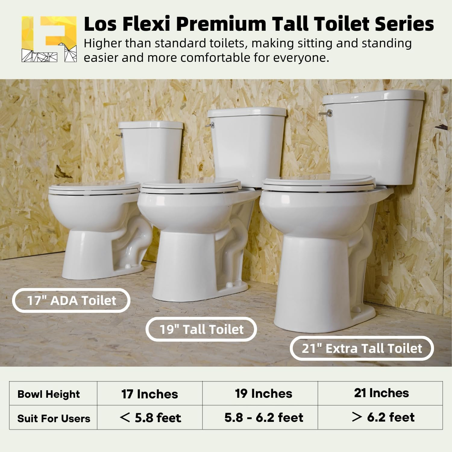 Tall Toilets for Seniors 21 Inch, Los Flexi Comfort & High Toilet, Elongated Bow