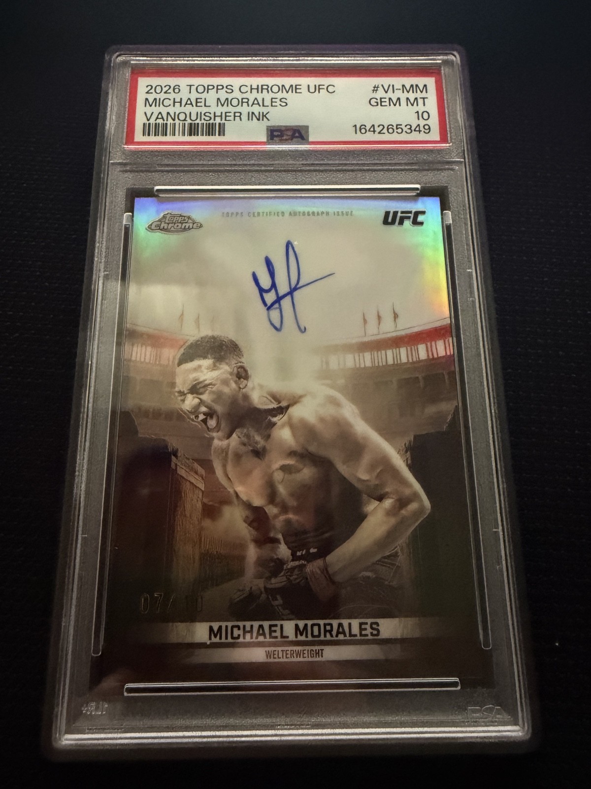 2026 Topps Chrome UFC Michael Morales Vanquisher Ink Auto 07/10 PSA 10 GEM MT #V view 1