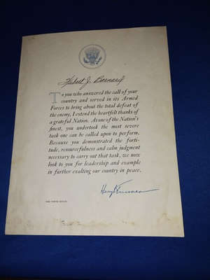 #ad quot;Harry S. Trumanquot; Certificate Of Appreciation To WWII Veteran quot;***RARE*** $275.00