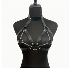 Chest Harness Leather Cage Bra With Neck Collar And Chains With Nipple Rings