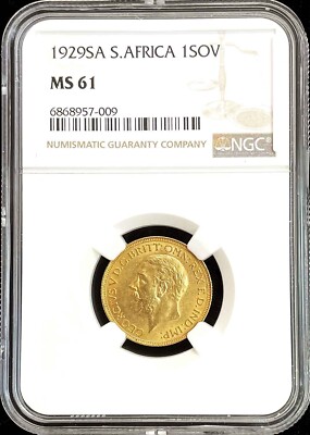 1929 SA GOLD SOUTH AFRICA KING GEORGE V SOVEREIGN NGC MINT STATE