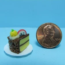 Dollhouse Miniature Slice of Cake Chocolate Frosting with Fruit on Top