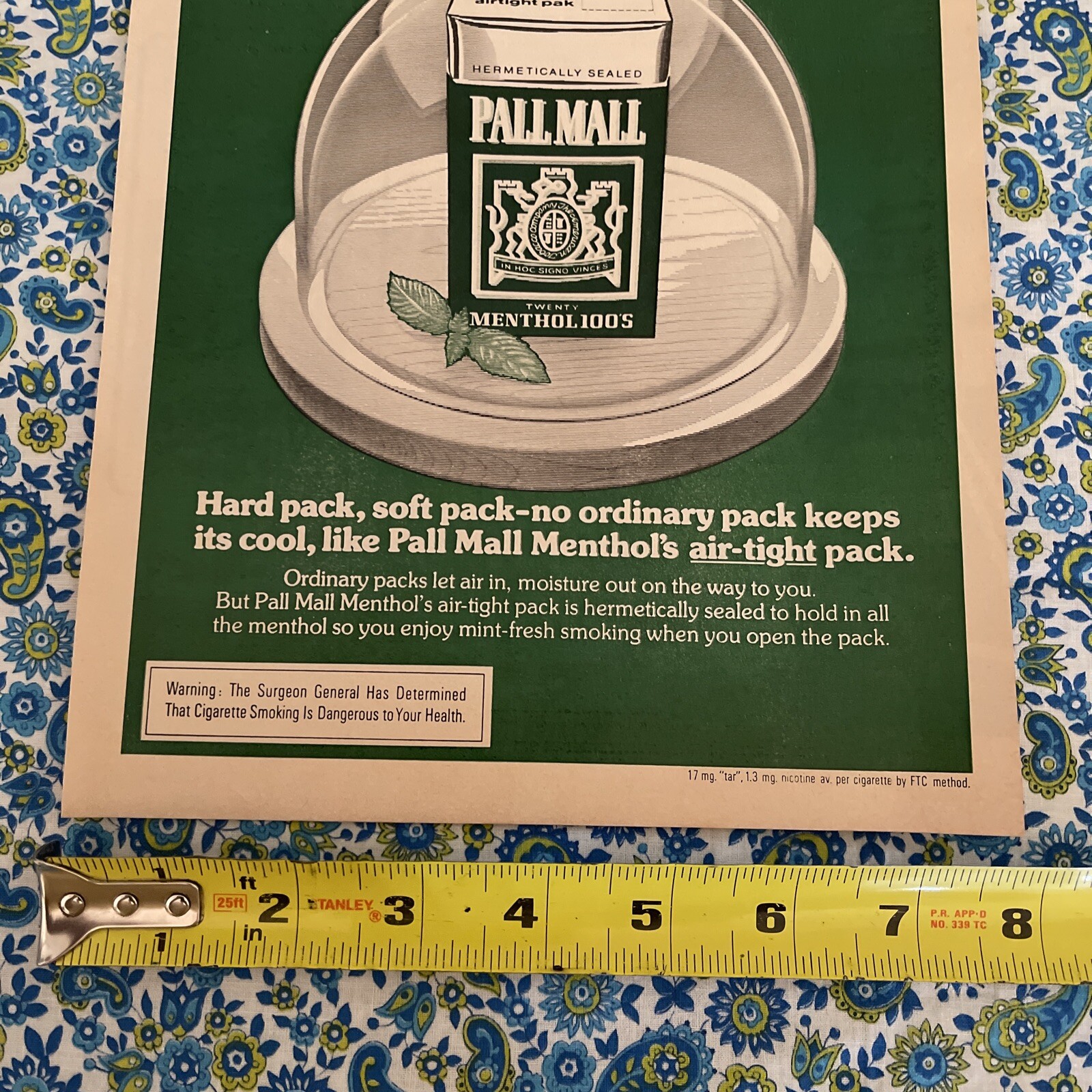 Vintage 1975 Pall Mall Cigarettes Print Menthol 100’s Air Tight Pack Ad Only