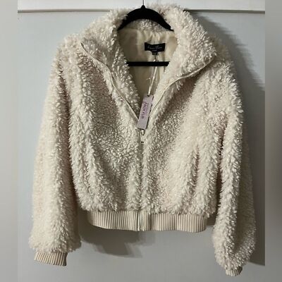 Love Tree white zip up faux fur Sherpa Fuzzy Bomber jacket NWT Medium