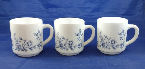 Vintage ARCOPAL France Milk Glass Coffee Mugs in BLUE ROSE Pattern 3 Mugs