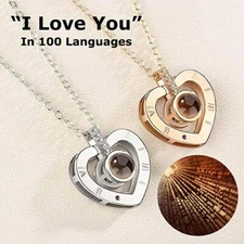 I LOVE YOU in 100 Languages Light Projection Heart Necklace Girlfriend's Gift