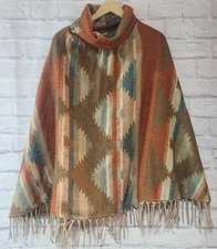 Handmade Southwestern Aztec Poncho Women's One Size Fits Most Wool Beige Orange