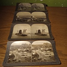 4 B/W 1900s Keystone View Co. Stereoview Cards Dam,Bridge,Docks & Ship Lot