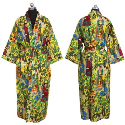 100% Cotton Kimono Robe Women Wear Bathrobe Vintage Summer Dress Night Gown Maxi