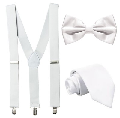 White Suspender Braces Bow Tie Long Tie Pick Choose Wedding Prom Unisex