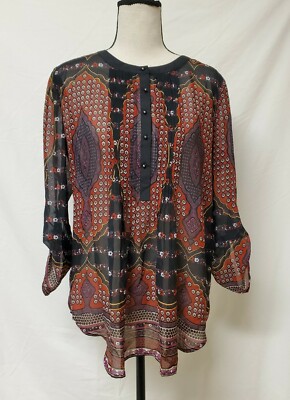 Meadow Rue Anthropologie Small Blouse Abstract Sheer Red/ Blue Popover Boho