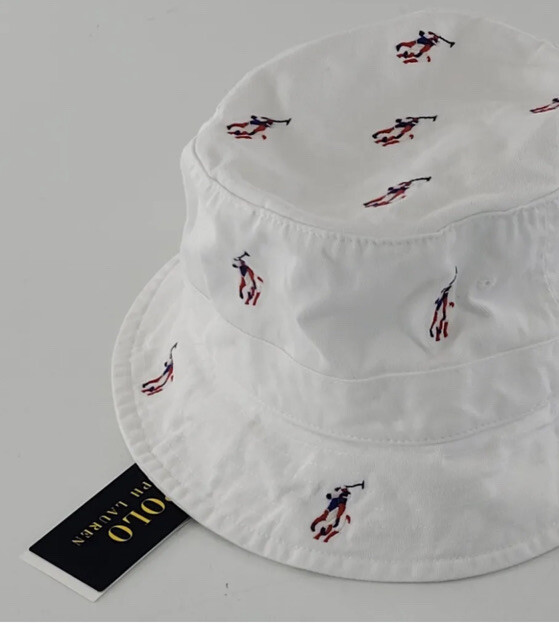 Polo Ralph Lauren Americana Bucket Hat Uomo L XL 61cm Bianco Rosso Bianco Blu Pony