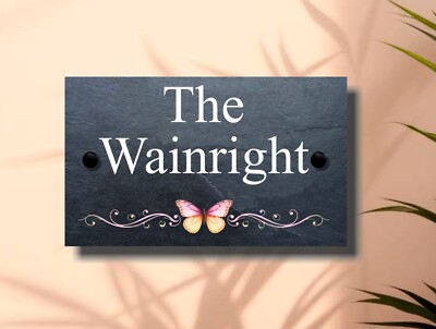 Elegantes Schmetterling Schnörkel Naturschiefer Schild Haus Türschild Name Nummer B1