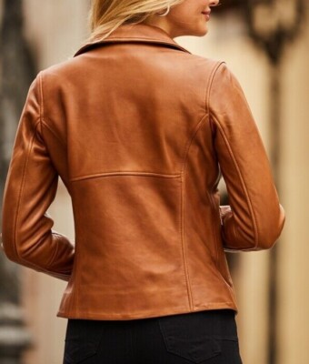 Women Leather Jacket Brown Biker Moto Pure Lambskin Size XS S M L