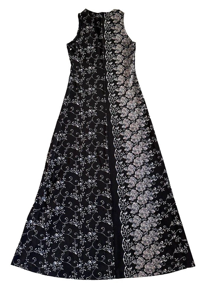 Maxi Vestido Vintage Años 90 Mediano Negro Hada Grunge Capricho Gótico Slinky Floral Foto 2 de 4