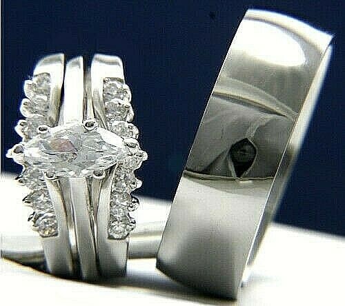 14k White Gold tone engagement wedding bridal groom woman's man CZ 2pc ring set - Picture 7 of 24