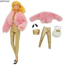 Rosa Kunstpelz Kleidung Set für Barbie Puppe Outfits Oberteil Hose Schuhe Tasche