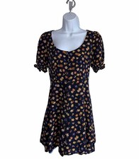 Madewell Happy Hibiscus Dress Navy Blue Size 00 Smock Sleeve Button Front