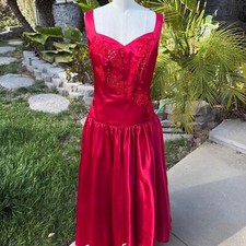 Vintage 1980s Red Satin Midi Dress