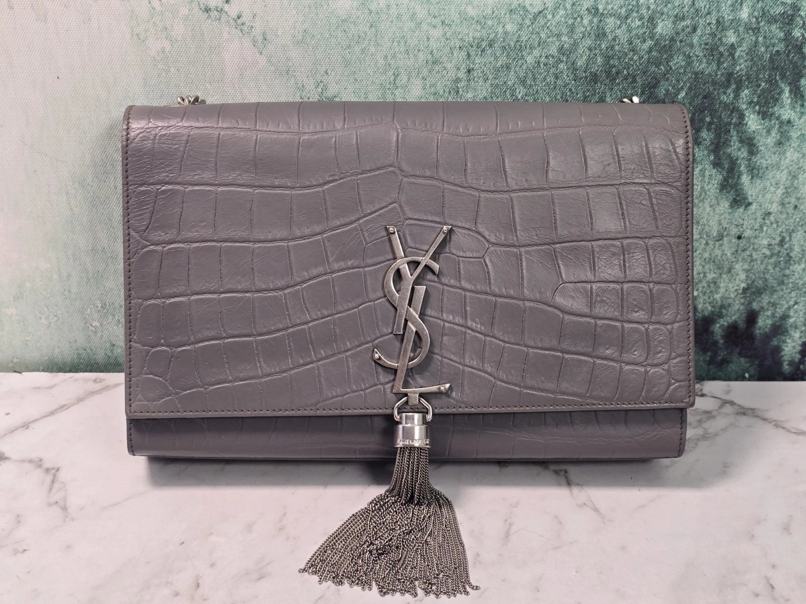 Saint Laurent — Saint Laurent YSL Grey Croc Embossed Leather Kate Pompom Shoulder Bag