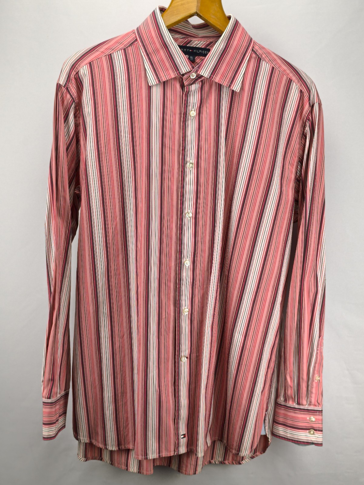 Tommy Hilfiger Men's Shirt Size XL Striped Red White Pink Long Sleeve Casual